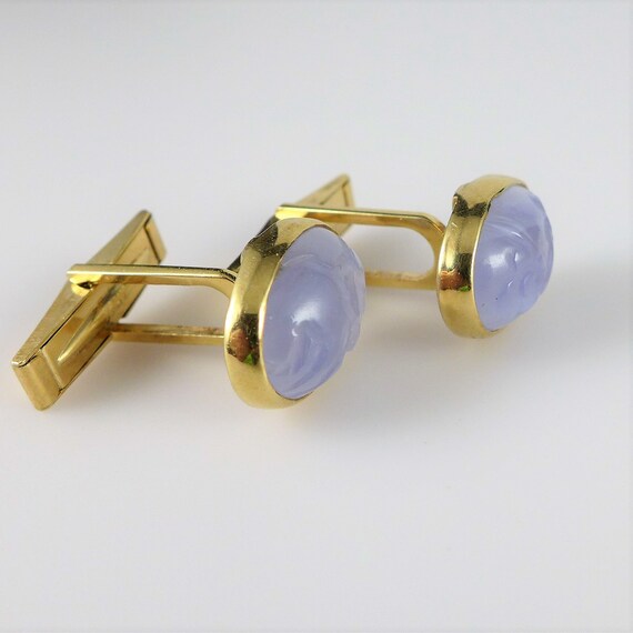 14K Gold Purple Cufflinks, Vintage Carved Lavende… - image 3