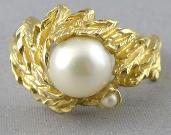 Gold Cultured Pearl Ring, Vintage 14K Gold Foliate Design Ring With Pearl And Seed Pearl Accent, One Of A Kind Ring