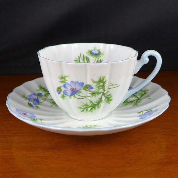 Vintage Shelley Blue Poppy Teacup & Saucer: Ludlow Bone China
