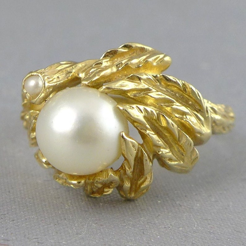 Gold Cultured Pearl Ring Vintage 14K Gold Foliate Design Ring - Etsy