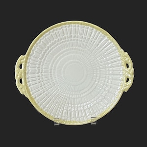 Vintage Belleek Handled Cake Plate, Limpet Yellow Cobb Luster, Gold Mark 1980s