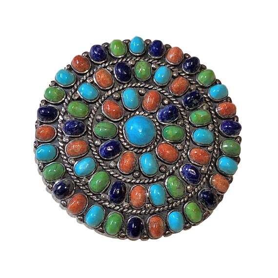IMPORTANT VINTAGE NAVAJO TURQUOISE CORAL SILVER PIN IMPORTANT VINTAGE NAVAJO TURQUOISE CORAL SILVER PIN