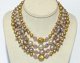 Vintage Multi Strand Necklace, Acrylic Gold Silver And White Beads, Japan