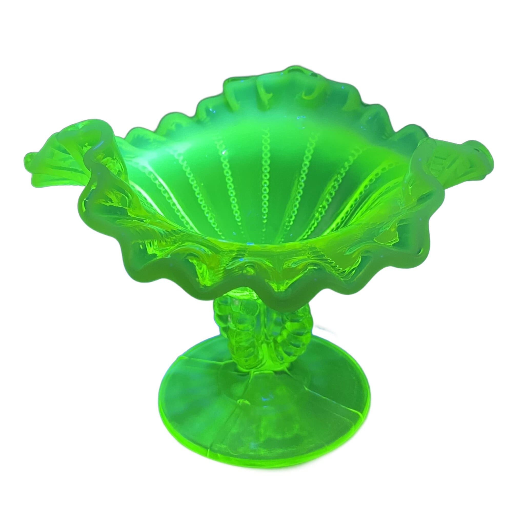 Vintage Northwood Opalescent Vaseline Glass Compote, Beaded And Ruffled, Uranium Glass
