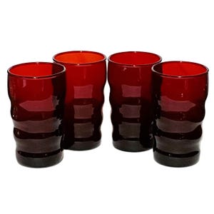 Vintage Anchor Hocking Juice Glasses: Set Of 4 Royal Ruby Rippled, 3.62 Inches Tall