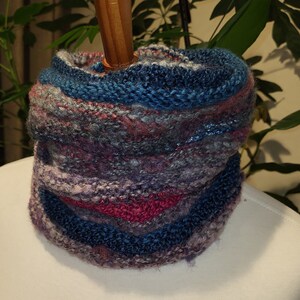 Blue, Cranberry and Grey Multi-colored & Textured Cowl with Iridescent Threads