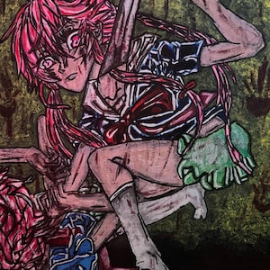 Desenho digital da garota Gasai Yuno do Diário do Futuro do Anime, arte de Halloween para impressão, ilustração única de personagem de terror em anime