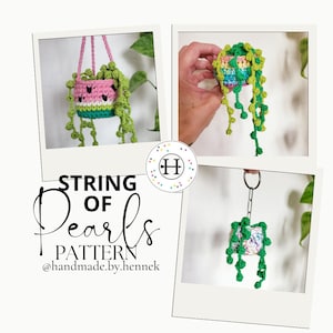 May include: Three crocheted hanging plant pots with green string of pearls. The pots are in different colors and patterns. The first pot is a watermelon pattern, the second is a rainbow pattern, and the third is a floral pattern. The pots are hanging from a string and have a key ring attached.