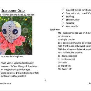 May include: A crocheted amigurumi octopus with a gray body, pink tentacles, and a stitched-on face. The octopus has a yellow patch on its head and black eyes. The caption reads "Scarecrow-Octo" and "Sam-Octo Crochet Pattern".