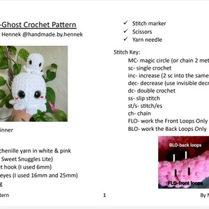 May include: A crochet pattern for making a white and pink octopus ghost amigurumi. The pattern includes instructions for crocheting the octopus, adding safety eyes, and stuffing the toy. The pattern is written in English and includes a stitch key.