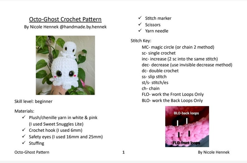 May include: A crochet pattern for making a white and pink octopus ghost amigurumi. The pattern includes instructions for crocheting the octopus, adding safety eyes, and stuffing the toy. The pattern is written in English and includes a stitch key.