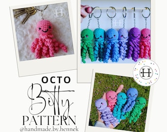 May include: A collection of colorful crocheted octopus keychains. The octopus are in shades of pink, purple, blue, green, and teal. The keychains are hanging from a wooden dowel rod. The text "OCTO Bitty PATTERN @handmade.by.hennek" is written below the keychains.