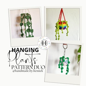 May include: Three crocheted hanging plant patterns, one with a rainbow pot, one with a white pot, and one with a colorful pot. The text "Hanging Plants Pattern Duo @handmade.by.hennek" is below the images.