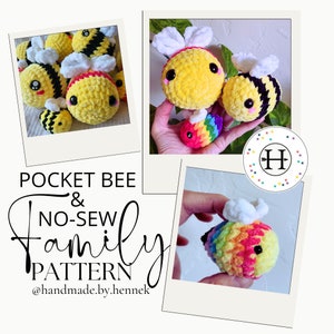 Puede incluir: Un patrón de crochet para una familia de abejas, incluyendo una abeja arcoíris. El patrón se llama "Pocket Bee & No-Sew Family Pattern" y es de @handmade.by.hennek.