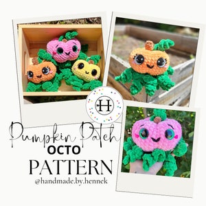 Puede incluir: Patrón de calabaza de crochet con el texto "Pumpkin Patch Octo Pattern" y el nombre de usuario de redes sociales "@handmade.by.hennek". El patrón presenta tres calabazas de crochet en rosa, naranja y amarillo con hojas verdes y ojos saltones.