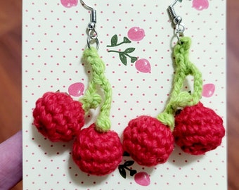 Crochet Cherry Earrings, handmade, one of a kind