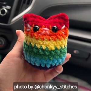 May include: A rainbow crocheted cat plush toy with black eyes and a white nose. The toy is being held in a person's hand. Photo by @chonkyy_stitches