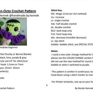 May include: Franken-Octo Crochet Pattern by Nicole Hennek @handmade.by.hennek. This crochet pattern includes instructions for making a green and purple crocheted octopus with a stitched-on face. The pattern includes a list of materials, a stitch key, and notes.