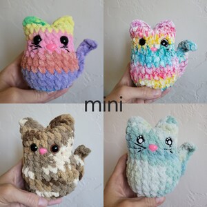 May include: Four crocheted cat toys in different color combinations. The cats are all small and have a fluffy texture. The word "mini" is written in the center of the image.