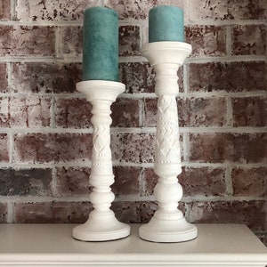 White Candlesticks, Farmhouse, Cottage, Wood Candle Holders, Mantle, Book Shelf.  Set of Two.