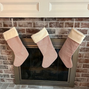 Ticking Christmas Stocking, Red Stripe Stocking, Christmas, Mantle, Stocking.