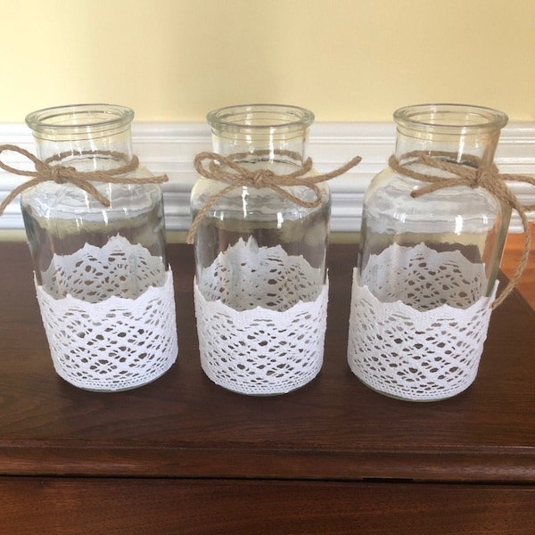Glass Vases, Vases with Lace, Shabby Chic Vases, Wedding Decor, Shower, Farmhouse, Vintage Style, Vases with Twine.  Set of three.