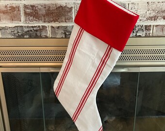 Stocking, Red White Stocking, Christmas, Fireplace, Holiday.  One Stocking.