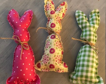 Bunnies, Stuffed Fabric Bunnies, Easter, Spring, Farmhouse, Easter Decor, Shabby Chic.  Set of Three.