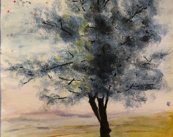 May include: A watercolor painting of a lone tree with a dark blue trunk and branches against a light blue and yellow background. The tree is silhouetted against a field of yellow grass and a distant horizon.
