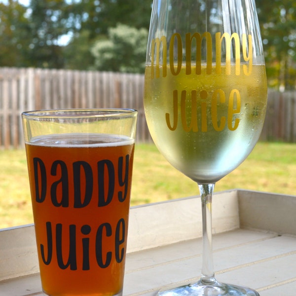 Mommy Juice and Daddy Juice set, mommy wine glass, daddy beer glass, new mom gift, new dad gift, new parent gift, mothers day gift, gag gift