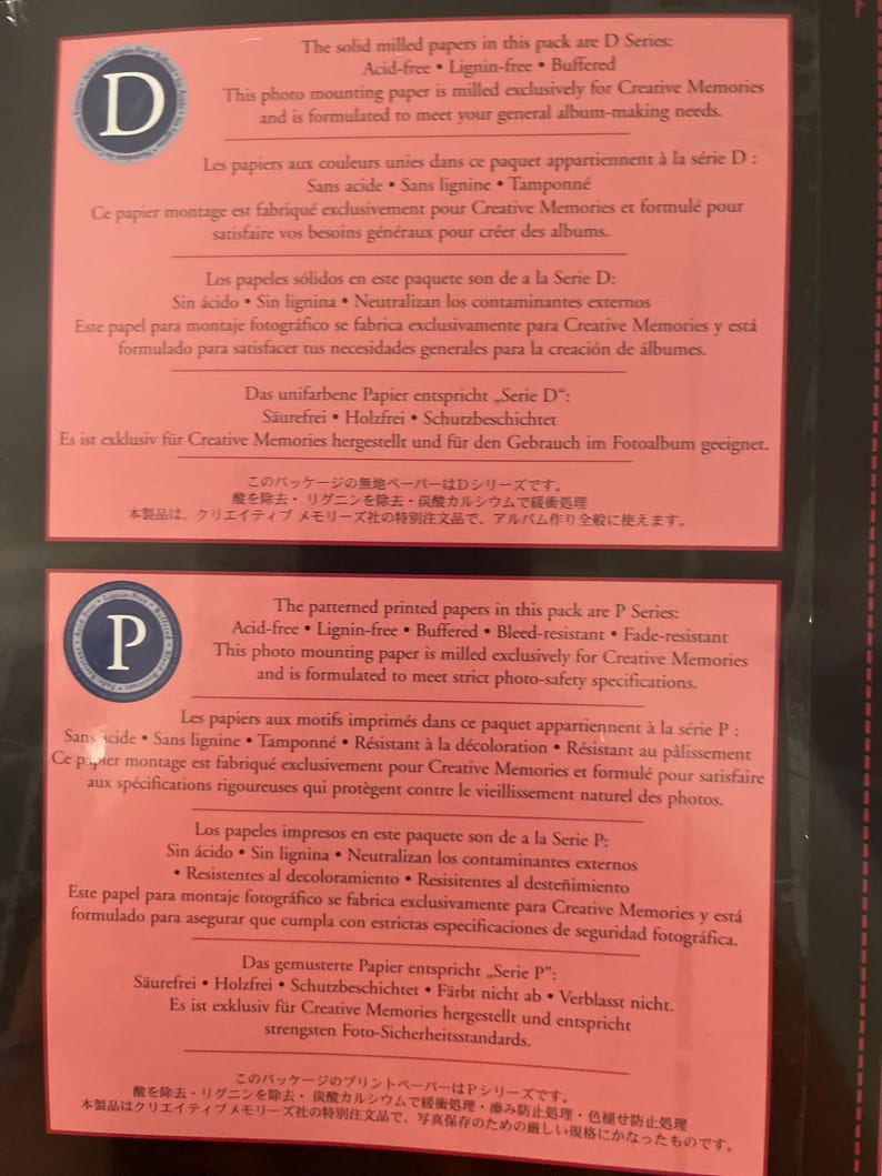 May include: Two sheets of photo mounting paper with text in multiple languages. The top sheet has a blue "D" logo, and the bottom sheet has a blue "P" logo. The paper is acid-free, lignin-free, and buffered.