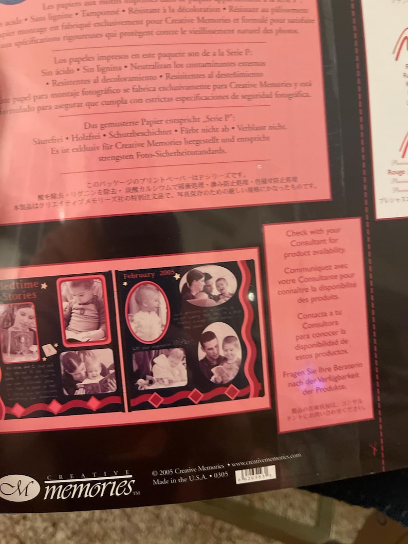 May include: A Creative Memories scrapbook paper package with a pink border. The package features a layout with photos and the text "Bedtime Stories" and "February 2005". The Creative Memories logo is visible.