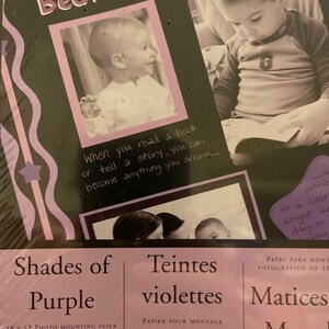 May include: Shades of Purple photo mounting paper with 4 solid milled colors and 2 patterned prints. Teintes violettes paper for mounting photos with 4 solid colors and 2 patterned prints. Matices Morad photo mounting paper with 8 sheets and 4 colors.  The paper is designed for 10 x 12 inch photos.