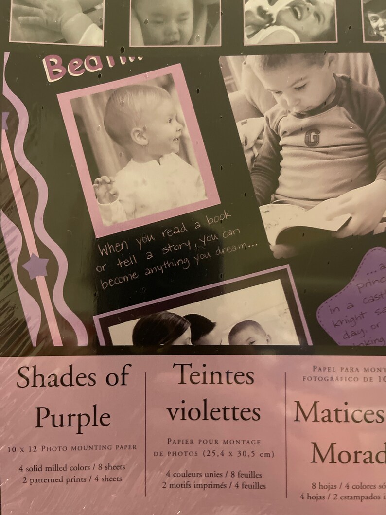May include: Shades of Purple photo mounting paper with 4 solid milled colors and 2 patterned prints. Teintes violettes paper for mounting photos with 4 solid colors and 2 patterned prints. Matices Morad photo mounting paper with 8 sheets and 4 colors.  The paper is designed for 10 x 12 inch photos.