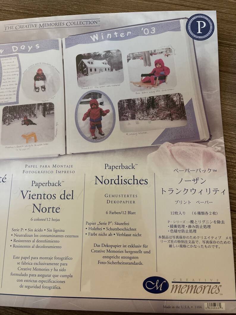 May include: A package of Creative Memories scrapbooking paper with a winter theme. The paper is acid-free, lignin-free, and fade-resistant. The package includes 12 sheets of paper in 6 colors. The paper is designed for use with photographs and other scrapbooking embellishments.