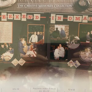 May include: A scrapbook page with the title "Weekend in Omaha" and several photos of people. The photos are arranged in a grid pattern and are surrounded by decorative borders. The page is made of black cardstock and has a red and white striped border.