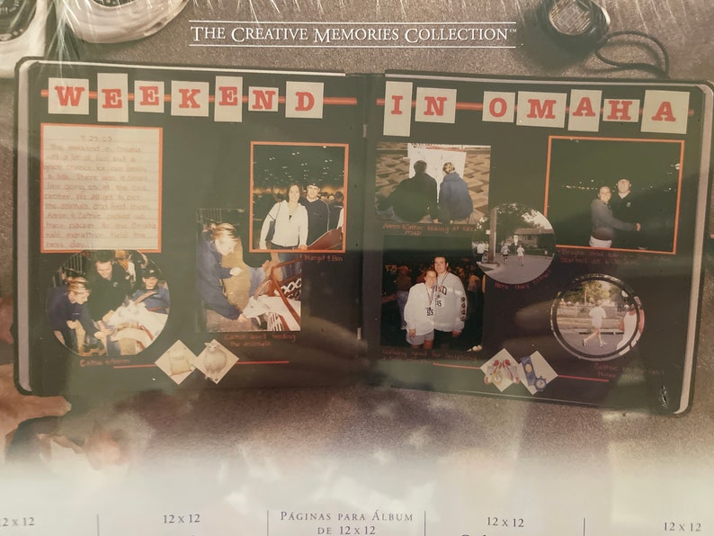 May include: A scrapbook page with the title "Weekend in Omaha" and several photos of people. The photos are arranged in a grid pattern and are surrounded by decorative borders. The page is made of black cardstock and has a red and white striped border.