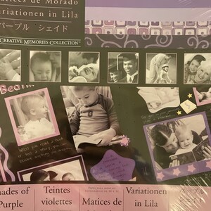 May include: A pack of purple, violet, and lilac patterned scrapbook paper. The paper is designed for photo mounting and includes 8 sheets of solid colors and 4 sheets with printed designs. The pack is labeled "Shades of Purple", "Teintes violettes", "Matices de Morado", and "Variationen in Lila".