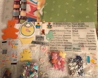 Baby Scrapbook Kit:  5 - 12x12 Paper, Stickers, Die Cuts, Confetti, Bears - RR143
