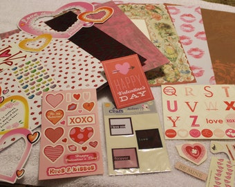 Valentines Day Scrapbook Kit - Ten 12x12 Sheets, Die Cut Frames, Stickers, 3D Embellishment, Woven Embellishments, Beaded Heart - RL175