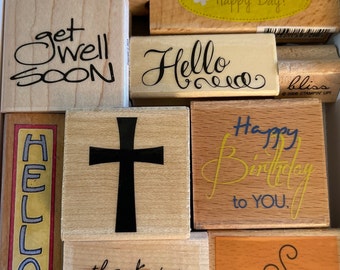 Wooden Rubber Stamp Set for Card Making - 13 stamps - Cross, Hello, Cup of Coffee ++ - G6