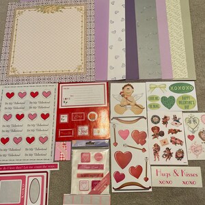 Valentine&#39;s Day Scrapbook Kit - 8 - 12x12 Paper, Stickers, Cupid w Bow, Arrow, Vintage Look, Hugs & Kisses, XOXOXO, Bow - 96 Ct - MTL 175