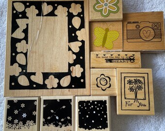 Wooden Rubber Stamp Set: Hearts, Flowers, Butterfly, Camera - 10 Wooden Stamps - G6