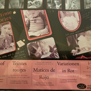 May include: A pack of photo mounting paper in shades of red. The paper is designed for 10x12 photos and comes in 4 solid colors and 2 patterned prints. The pack includes 8 sheets of solid colors and 4 sheets of patterned prints. The text on the pack reads "Shades of Red", "Teintes rouges", "Matices de Rojo", "Variationen in Rot", and "レッドシェイド".