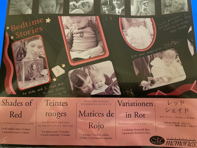 May include: A pack of photo mounting paper in shades of red. The paper is designed for 10x12 photos and comes in 4 solid colors and 2 patterned prints. The pack includes 8 sheets of solid colors and 4 sheets of patterned prints. The text on the pack reads "Shades of Red", "Teintes rouges", "Matices de Rojo", "Variationen in Rot", and "レッドシェイド".