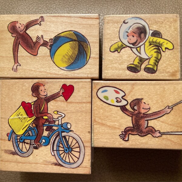 4 All Night Media Wooden Rubber Stamps - CURIOUS GEORGE - 1998 - Cards & Scrapbooks - New - FREE Shipping - J2