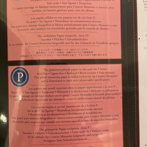 May include: Close-up of a product description for Creative Memories photo mounting paper. The text highlights the paper's acid-free, lignin-free, and buffered qualities. It also mentions that the paper is exclusively for Creative Memories and is formulated to meet strict photo-safety specifications.