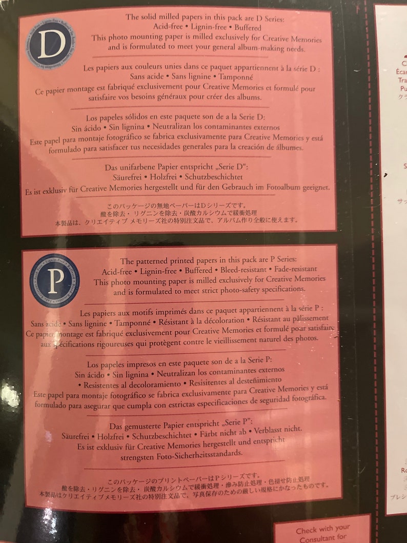May include: Close-up of a product description for Creative Memories photo mounting paper. The text highlights the paper's acid-free, lignin-free, and buffered qualities. It also mentions that the paper is exclusively for Creative Memories and is formulated to meet strict photo-safety specifications.