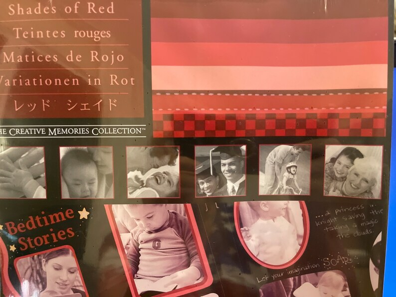 May include: A collection of red scrapbook paper with different shades of red. The paper has a checkered pattern and the text "Shades of Red" in black. The paper is part of the Creative Memories Collection.