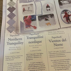 May include: Three different paper pads for scrapbooking and crafting. Each pad features a different winter theme: "Northern Tranquility", "Tranquility Nordique", and "Vientos del Norte". Each pad has 6 colors and 12 sheets.